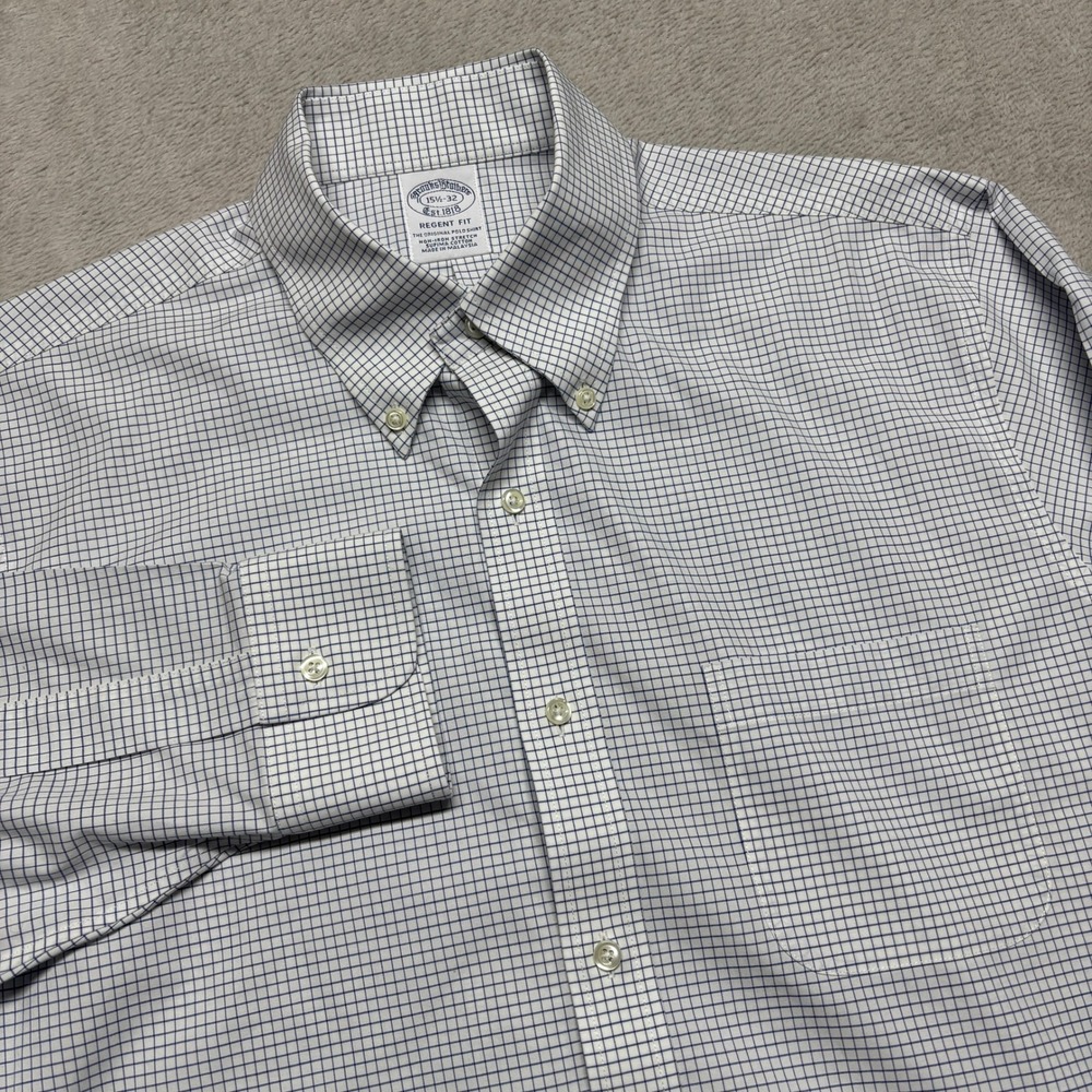 Brooks Brothers Stretch Shirt Mens 15.5-32 Regent Fit Blue Check Button-Down